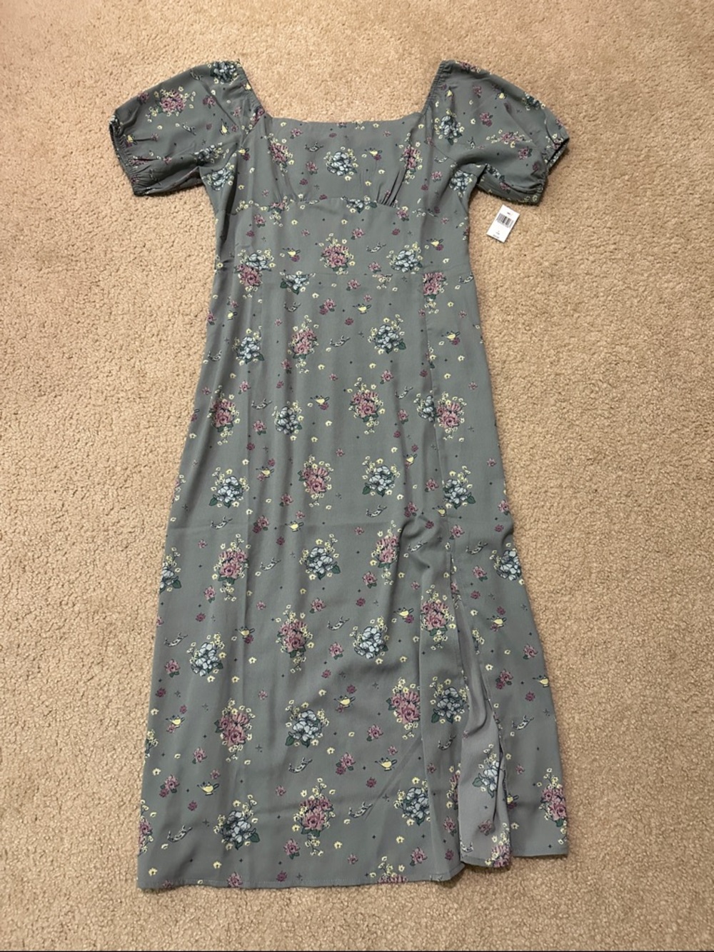 Disney Aladdin Jasmine Inspired Dusty Blue Floral Square-Neck Midi Slit Dress